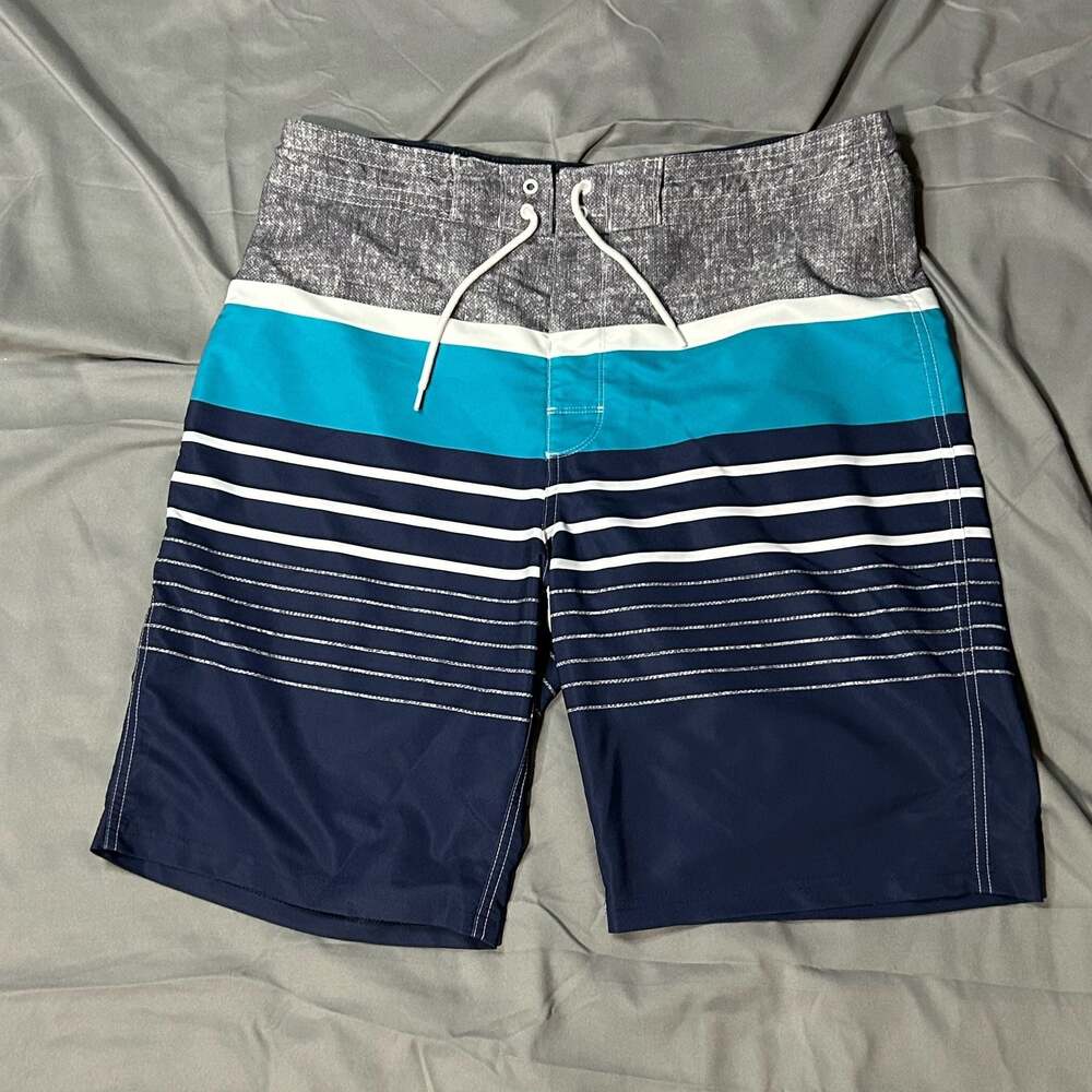 Mens Striped Color Block Quick-Dry Board Shorts with Pocket